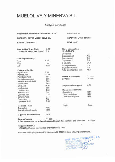 Picuda Extra Virgin certificate