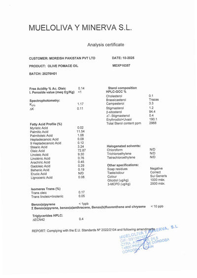 Pomace Olive Oil certificate