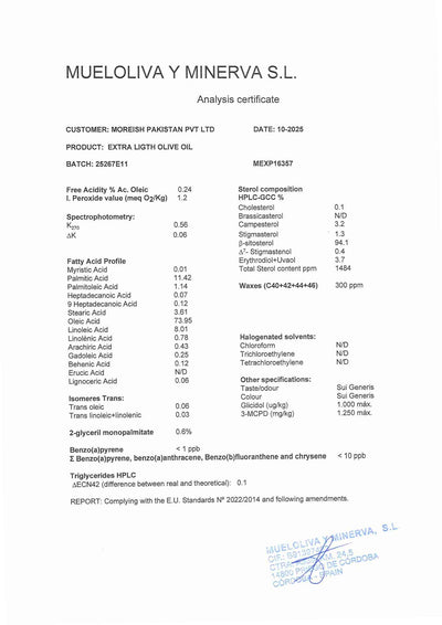 Extra Light Olive Oil certificate