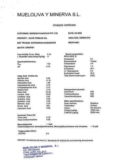 Pomace Olive Oil certificate